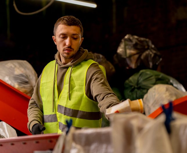 Side view of a sorter in gloves and a protective vest who sorts garbage on a special sorting line while working at a waste disposal station